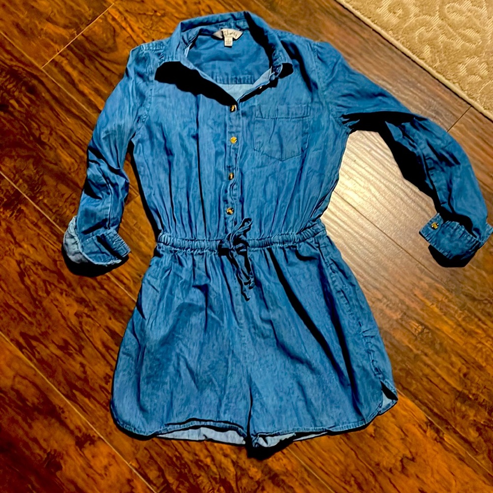 Denim long sleeved romper with tie detail